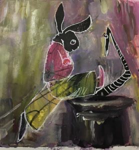 Abstract rabbit wearing pink shirt and yellow plaid pants