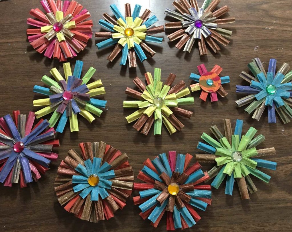 handmade multi-colored cardboard flowers