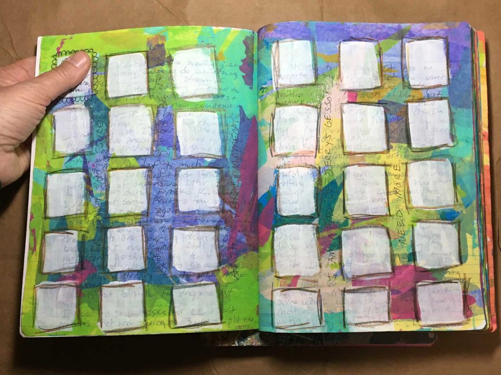 Colorful painted page spread with added gesso grid